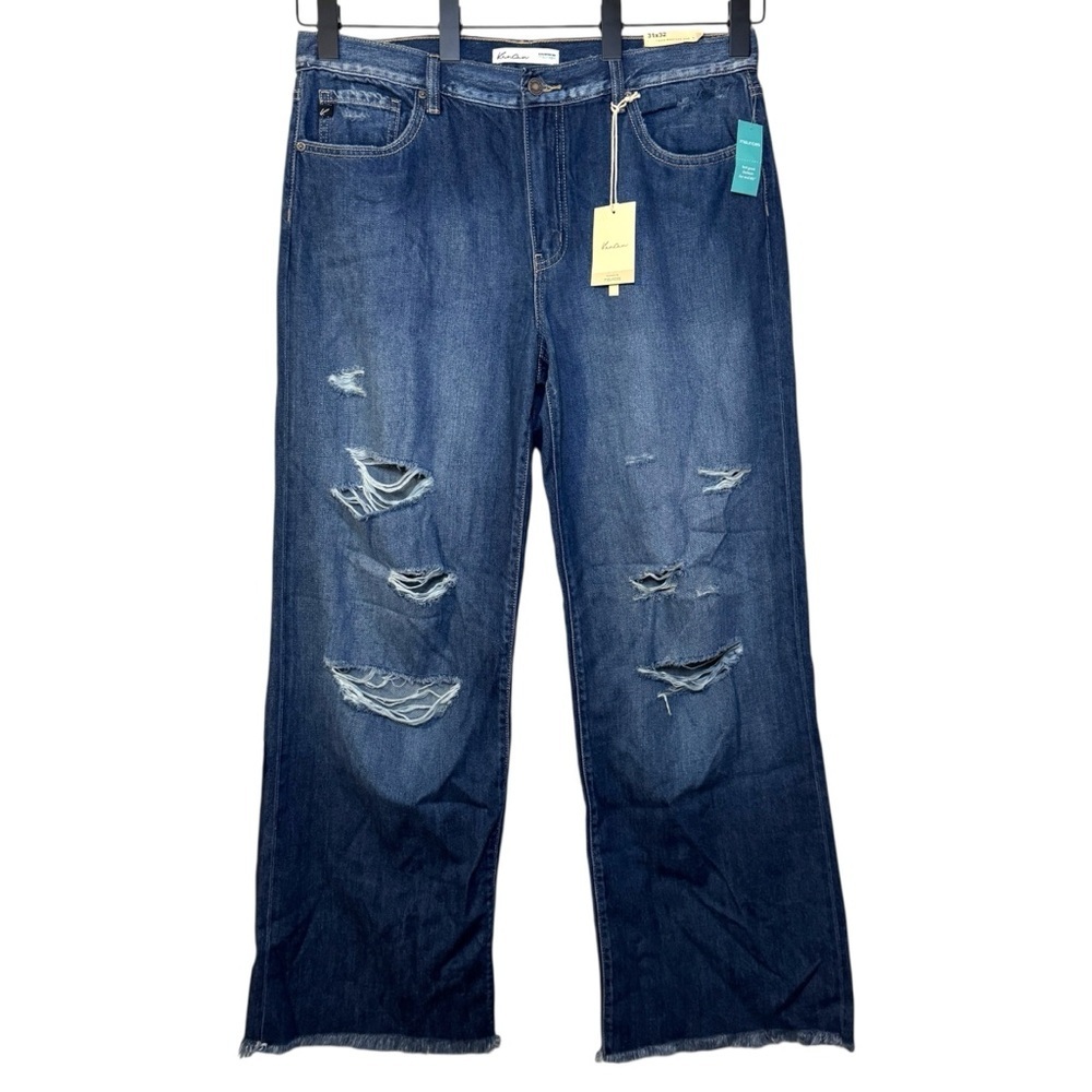 NWT Kancan High Rise Wide Leg distressed denim raw hem jeans 31 but measures *36